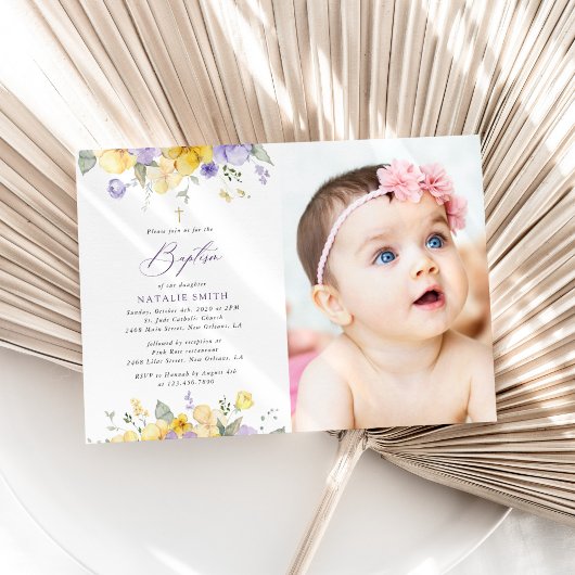 Invitation Purple Flowers, Yellow Flowers, Boho, Baptism
