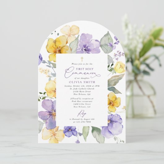 Invitation Purple Flowers, Yellow Flowers, First Communion (Debout devant)