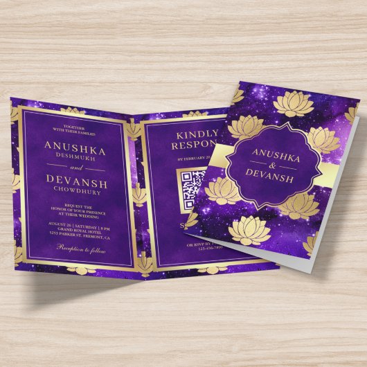 Invitation Purple Galaxy Gold Lotus QR Code Mariage indien