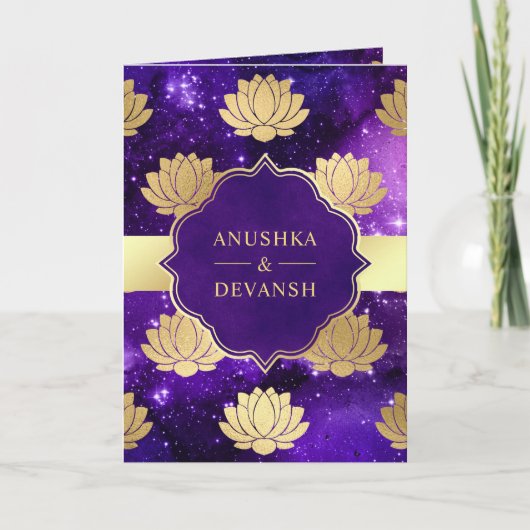 Invitation Purple Galaxy Gold Lotus QR Code Mariage indien (Devant)