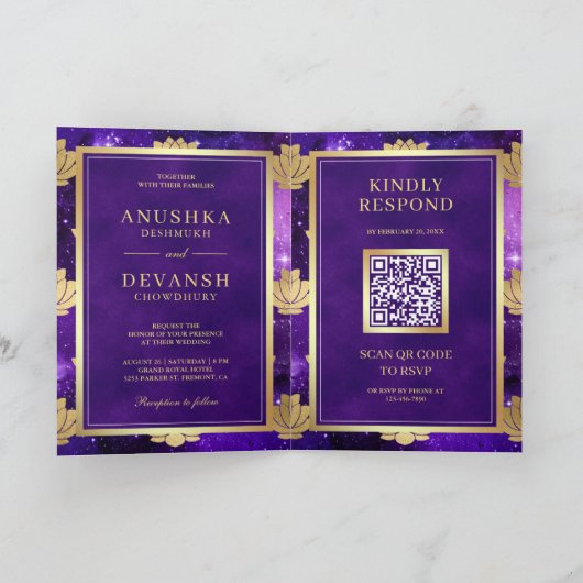 Invitation Purple Galaxy Gold Lotus QR Code Mariage indien (Intérieur)