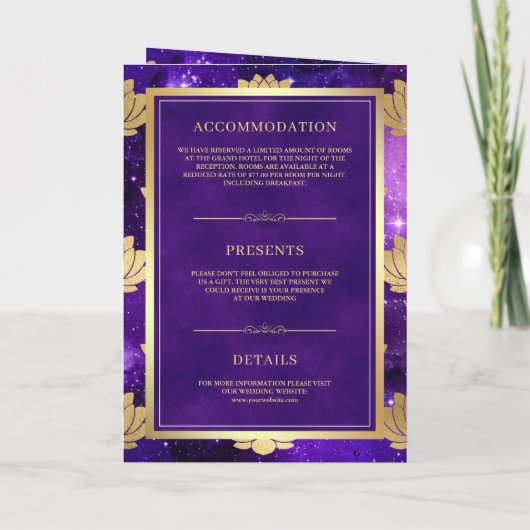 Invitation Purple Galaxy Gold Lotus QR Code Mariage indien (Dos)