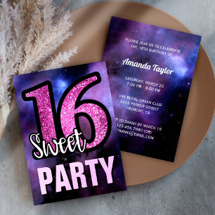 Invitation Purple Galaxy rose Parties scintillant douce 16 fê