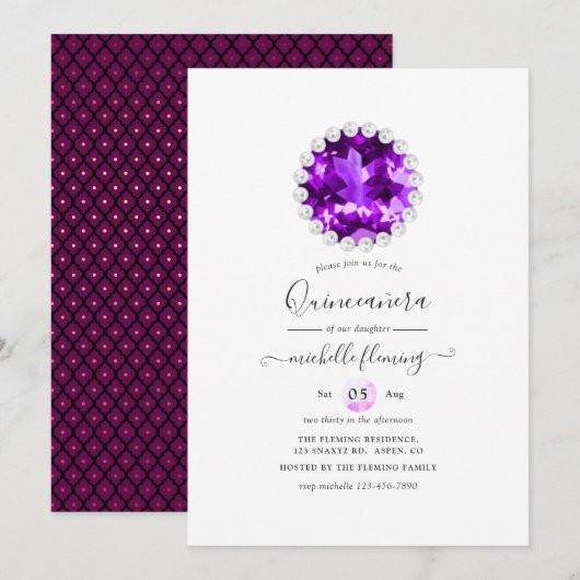 Invitation Purple Gemstone Mardi Gras fête d'anniversaire (Devant / Derrière)