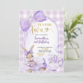 Invitation Purple Gingham Bow Bunny Tea Party Second Birthday (Debout devant)