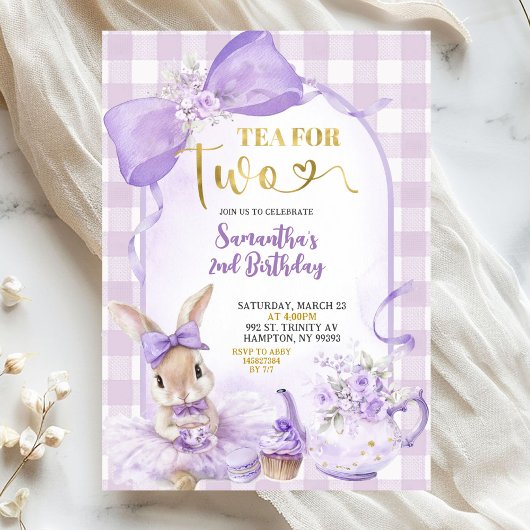 Invitation Purple Gingham Bow Bunny Tea Party Second Birthday