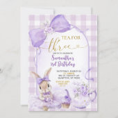 Invitation Purple Gingham Bow Bunny Tea Party Third Birthday (Devant)
