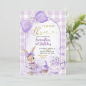 Invitation Purple Gingham Bow Bunny Tea Party Third Birthday (Debout devant)