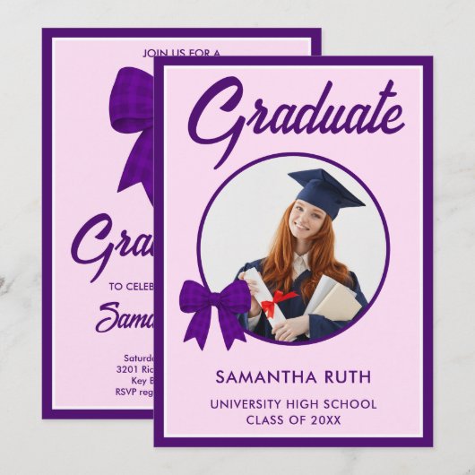Invitation Purple Gingham Bow Photo Graduation Party (Devant / Derrière)