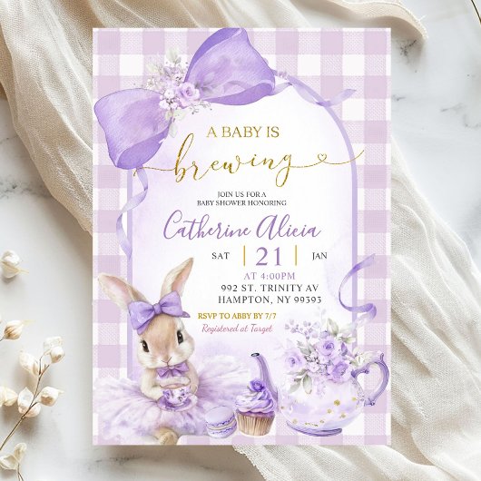 Invitation Purple Gingham Coquette Bunny Brew Tea Baby Shower