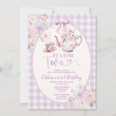 Invitation Purple Gingham Floral Tea For Two 2nd Birthday (Devant)