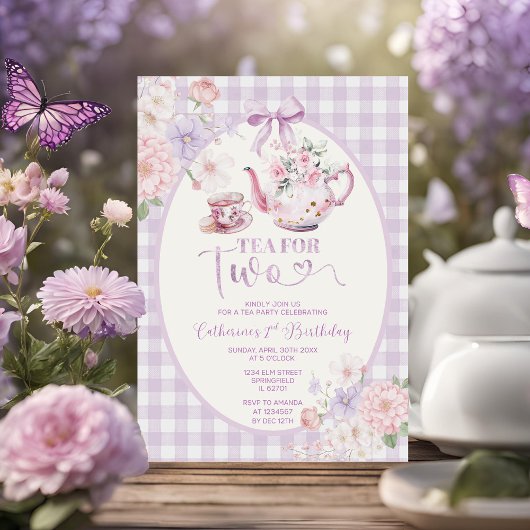 Invitation Purple Gingham Floral Tea For Two 2nd Birthday