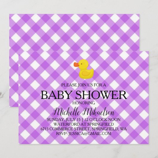Invitation Purple Gingham Rubber Duckie Baby Shower (Devant / Derrière)