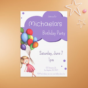 Invitation Purple Girl Flottant avec des ballons Anniversaire