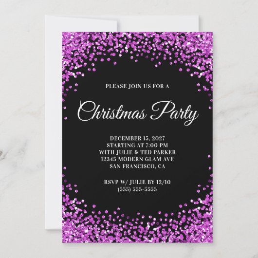 Invitation Purple Glitter Border Black Christmas Party (Devant)