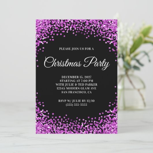 Invitation Purple Glitter Border Black Christmas Party (Debout devant)