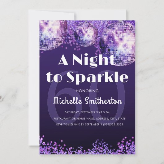 Invitation Purple Glitter Disco Night to Sparkle Glam 60th (Devant)