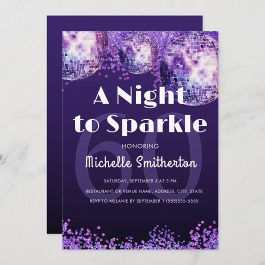 Invitation Purple Glitter Disco Night to Sparkle Glam 60th (Devant / Derrière)