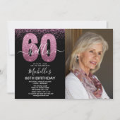 Invitation Purple Glitter "Hello 60" Photo Birthday  (Devant)
