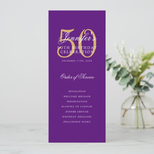 Invitation Purple Gold 50th Birthday Party Program avec menu (Debout devant)