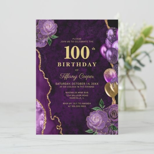 Invitation Purple Gold Agate 100e anniversaire (Debout devant)