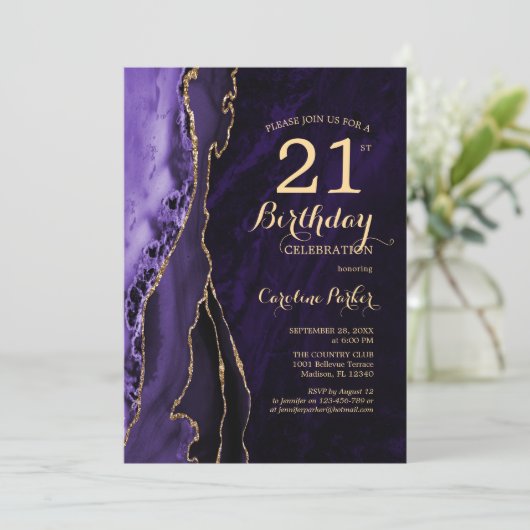 Invitation Purple Gold Agate 21e anniversaire (Debout devant)