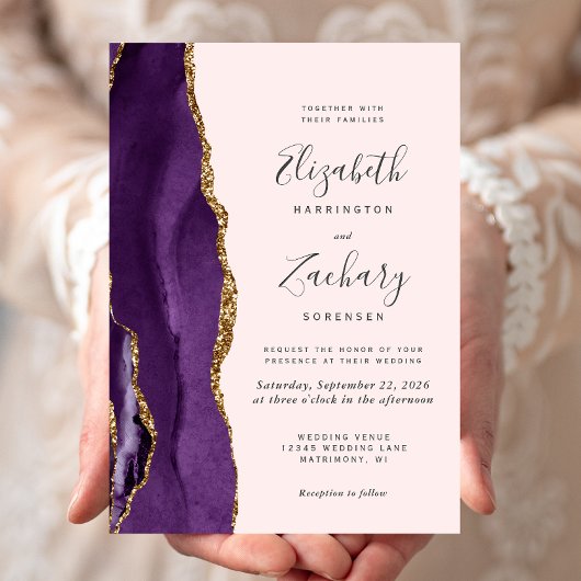 Invitation Purple Gold Agate Blush Pink Mariage
