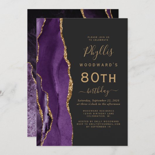 Invitation Purple Gold Agate Dark 80e fête d'anniversaire (Devant / Derrière)