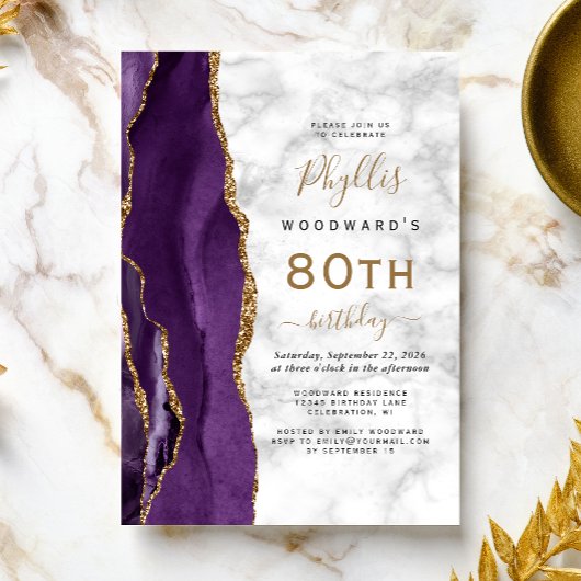 Invitation Purple Gold Agate Marbre 80e fête d'anniversaire