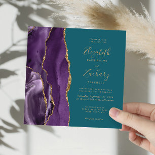 Invitation Purple Gold Agate moderne Carré Turquoise Mariage