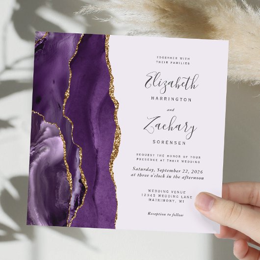 Invitation Purple Gold Agate moderne Lavender Carré Mariage