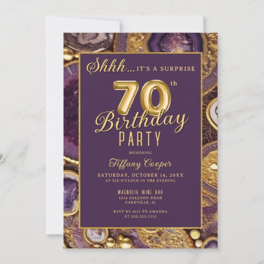 Invitation Purple Gold Agate Surprise 70e fête d'anniversaire (Devant)