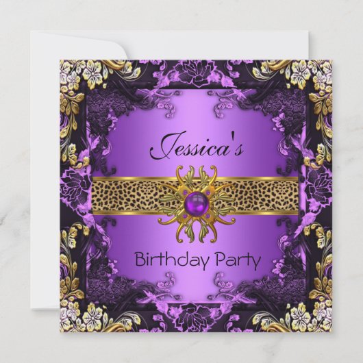 Invitation Purple Gold Black Leopard fête d'anniversaire 2 (Devant)