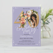 Invitation Purple Gold Boho Floral Photo personnalisée 40e an (Debout devant)
