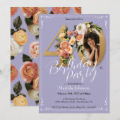 Invitation Purple Gold Boho Floral Photo personnalisée 40e an (Devant / Derrière)