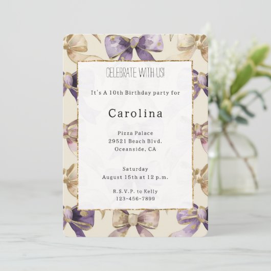 Invitation Purple Gold Bows Anniversaire (Debout devant)