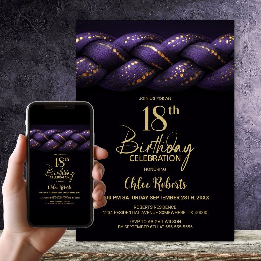 Invitation Purple Gold Braid 18e fête d'anniversaire