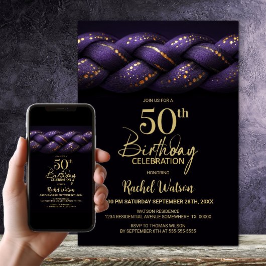 Invitation Purple Gold Braid 50e fête d'anniversaire