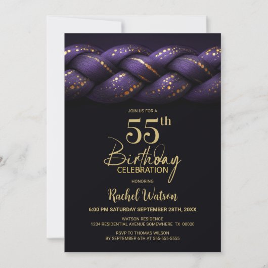 Invitation Purple Gold Braid 55e fête d'anniversaire (Devant)