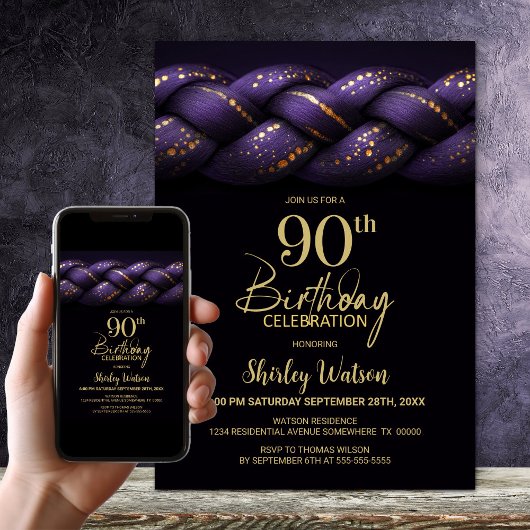 Invitation Purple Gold Braid 90e fête d'anniversaire