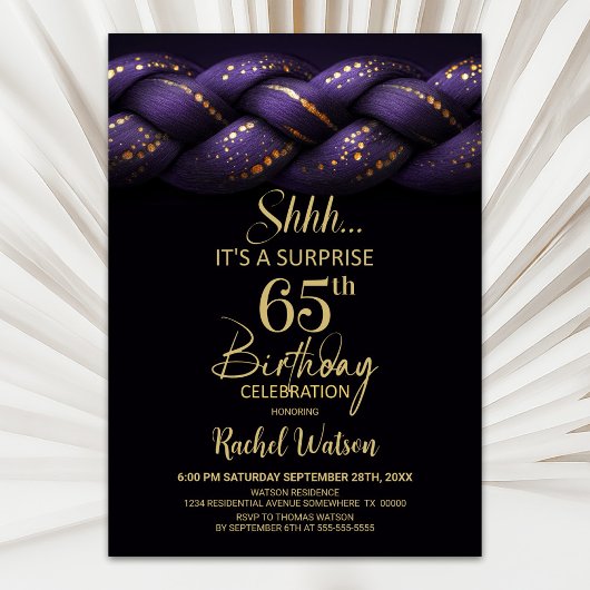 Invitation Purple Gold Braid Surprise 65e fête d'anniversaire