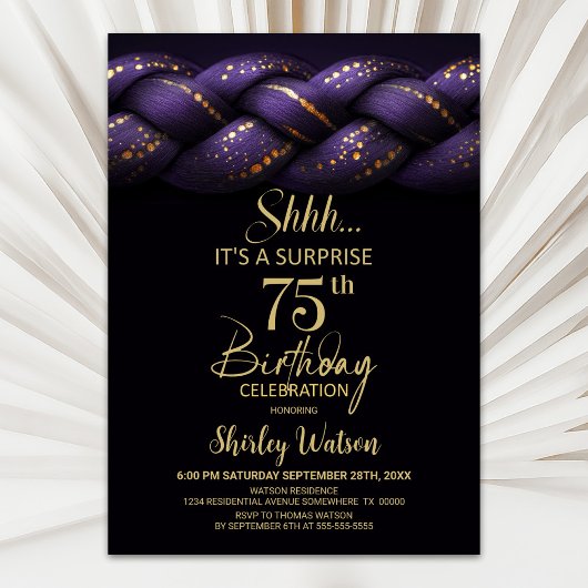 Invitation Purple Gold Braid Surprise 75e fête d'anniversaire