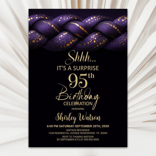 Invitation Purple Gold Braid Surprise 95e fête d'anniversaire