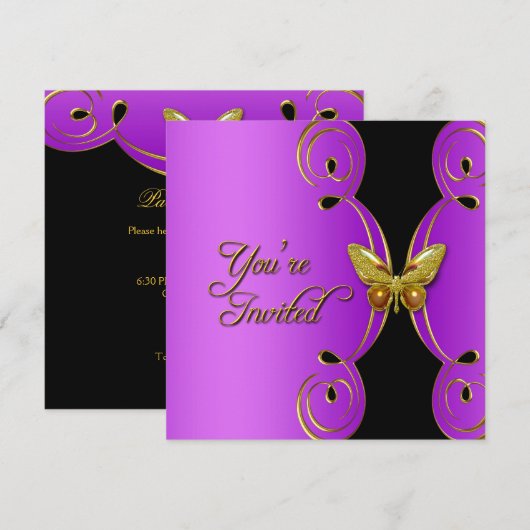 Invitation Purple Gold Butterfly Élégante fête d'anniversaire (Devant / Derrière)