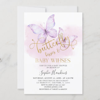 Invitation Purple Gold Butterfly Kisses Baby Girl Baby shower