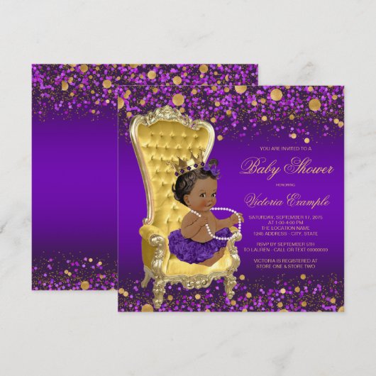 Invitation Purple Gold Chaise Ethnic Princess Baby shower (Devant / Derrière)