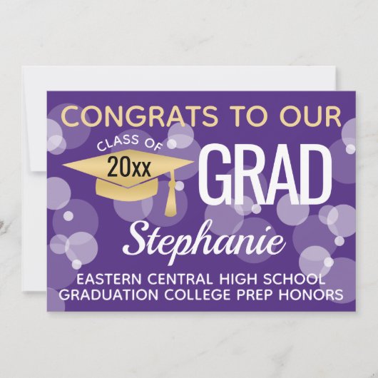 Invitation Purple Gold Confetti Bokeh Bubbles Graduation (Devant)