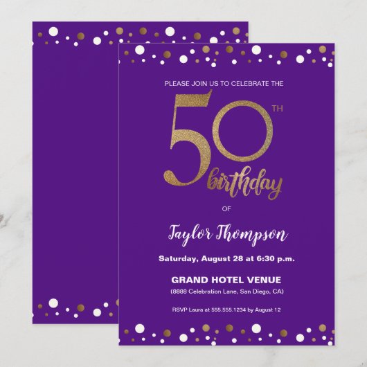 Invitation Purple Gold Confetti fête 50e anniversaire Personn (Devant / Derrière)