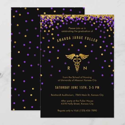 Invitation Purple & Gold Confetti Infirmière Graduation Invit (Devant / Derrière)