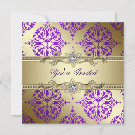 Invitation Purple Gold Damask Purple Party (Devant)